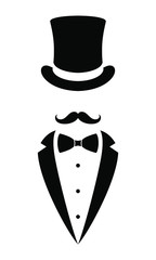 Wall Mural - Gentleman graphic icon. Top hat, tuxedo, bow tie and mustaches sign isolated on white background. Vector illustration