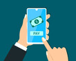 © Popular Vector - businessman transaction pay from mobile phone. Click to pay from smartphone. payment mobile app