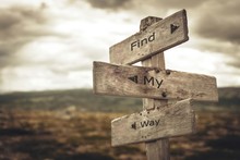Find My Way Signpost. Nature, Adventure, Message, Text, Quote Concept.