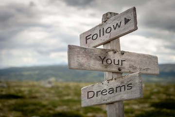 Wall Mural - Follow your dreams text on wooden signpost outdoors in nature. Encouragement, directional and motivation concept.