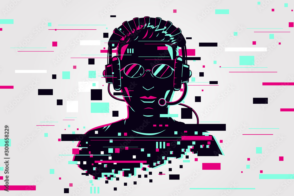 Gamer portrait. Video games background, glitch style. Player 
