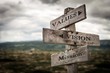 © Jon Anders Wiken - Values, vision, mission vintage wooden signpost in nature. Moody, signpost, board, quote, message, business, corporate concept.