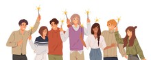 Group Of Young People Holding Burning Sparklers On White Background. Friends Celebrate Christmas Together. Happy Men And Women On New Year Corporate Party. Vector Illustration In Flat Cartoon Style.
