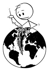 Wall Mural - Vector cartoon stick figure drawing conceptual illustration of man with needle sewing broken world, globe or Earth. Concept of reconciliation of Atlantic nations and peacemaking.