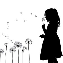 The Profile Of The Silhouette Of The Girl Blows Dandelion. Vector Illustration