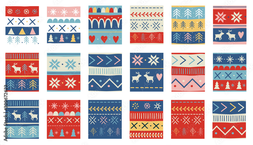 Seamless Christmas patterns. Vector design in nordic style - obrazy, fototapety, plakaty 