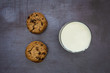 Milk cookies biscuits chocolate chip top view dark background