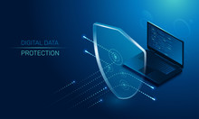 Isometric Vector Image On A Dark Background, A Transparent Shield Covering The Laptop From Virus Attacks, Protection Of Digital Data