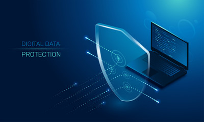 isometric vector image on a dark background, a transparent shield covering the laptop from virus attacks, protection of digital data