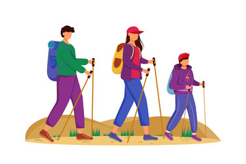Wall Mural - budget tourism flat vector illustration. hiking activity. cheap travelling choice. active vacation. 