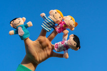 Family Finger Dolls. Child Hand With Finger Puppets: Son, Daughter,mum, Dad. Kid Playing Fingers Puppets. Family And Generation Concept.