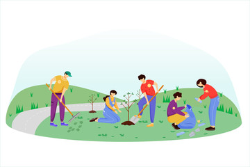 Wall Mural - Community work day flat vector illustration. Volunteers, activists isolated cartoon characters on white background. Young people cleaning garbage and planting trees. Environment protection concept