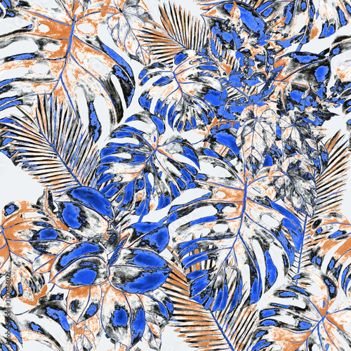 Watercolor seamless pattern with tropical leaves and flowers. Beautiful allov...