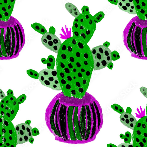 Creative seamless pattern with hand drawn cactuses in pots. Bright botanical ...