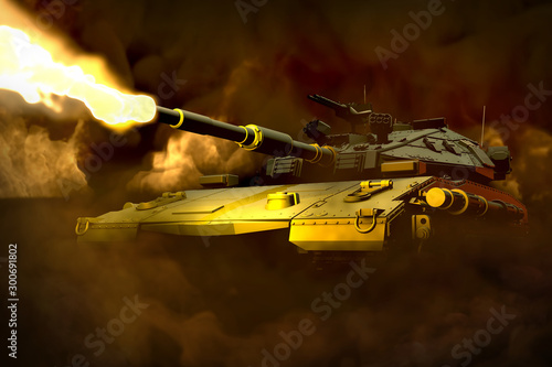 Fotomural forest camo heavy tank with not real design fighting fire with fire all around,