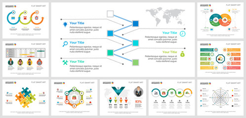 Colorful analytics or consulting concept infographic charts set. Business design elements for presentation slide templates. Can be used for financial report, workflow layout and brochure design.