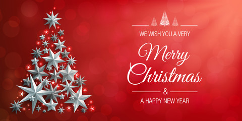 Wall Mural - christmas stars tree on shiny red bokeh abstract vector background