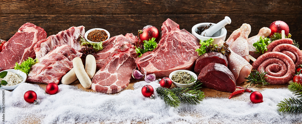 Panoramic view of variety of meat in winter - obrazy, fototapety, plakaty 
