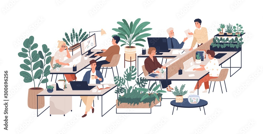 Green office flat vector illustration. Company staff, co-workers male and female cartoon characters. Comfortable workplace. Office coziness, domestic atmosphere, corporate environment. - obrazy, fototapety, plakaty 