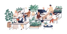 Green Office Flat Vector Illustration. Company Staff, Co-workers Male And Female Cartoon Characters. Comfortable Workplace. Office Coziness, Domestic Atmosphere, Corporate Environment.