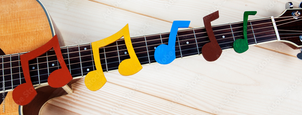 Music and guitar panorama - musical notes on guitar fretboard for music concepts, playing guitar and learning a musical instrument. Fun design for inspiration. - obrazy, fototapety, plakaty 