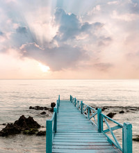 Wood Bridge On The Sea Which Has Walk Way For Travel With Beautiful Sky And Sunshine Background.