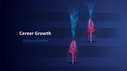 Aufkleber - Career growth low poly wireframe vector banner template. Polygonal businesswoman in high heels on stairs. Job promotion 3D mesh art. Personal development illustration with connected dots