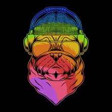 Pug Dog Headphone Colorful Vector Illustration