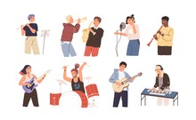 People Playing Musical Instruments Vector Illustrations Set. Young Singer Recording Song With Professional Equipment Cartoon Character. Talented Musicians, Band Members Performance.