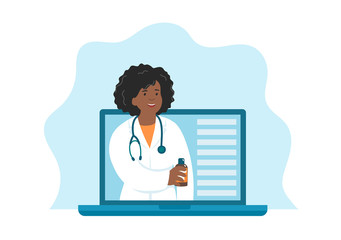 Wall Mural - Online female african doctor with a bottle of medicine. Online pharmacy, healthcare consultation, medical examination, medicine order. Vector illustration.