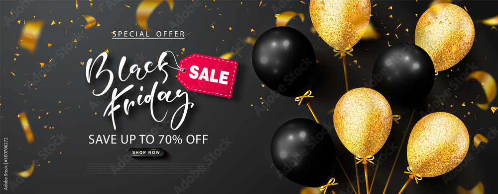Black friday sale background with beautiful balloons and flying serpentine. Modern design.Universal vector background for poster, banners, flyers, card,advertising brochure - obrazy, fototapety, plakaty 