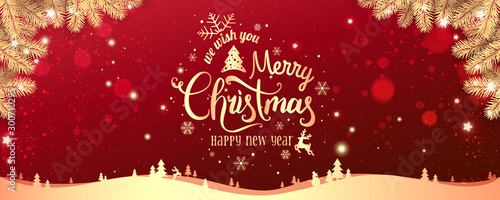 Cuadros en Lienzo Gold Christmas and New Year Typographical on red Xmas background with winter landscape with snowflakes, light, stars