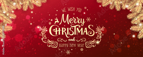 Cuadros en Lienzo Gold Christmas and New Year Typographical on red Xmas background with winter landscape with snowflakes, light, stars