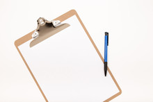Blank Clipboard Mock Up And Pen Isolated On White Background. White Notepad