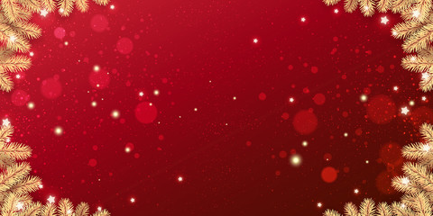 Wall Mural - gold christmas fir branches on red background with bokeh, snowflakes, light, stars. merry christmas 