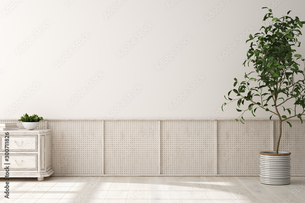 Home interior background, beige room with wicker furniture, Scandinavian style, 3d render - obrazy, fototapety, plakaty 