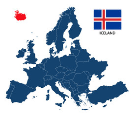 Simple illustration of a map of Europe with highlighted Iceland and Icelandic flag isolated on a white background