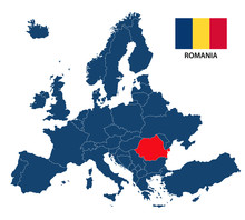 Simple Illustration Of A Map Of Europe With Highlighted Romania And Romanian Flag Isolated On A White Background