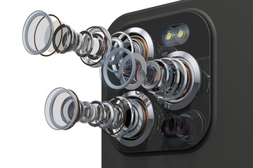 Multi-camera smartphone. Disassembled smartphone cameras, modern lens of smartphone cameras structure. 3D rendering