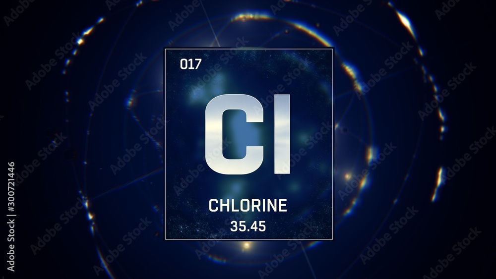 3D illustration of Chlorine as Element 17 of the Periodic Table. Blue ...