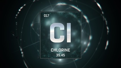 3D illustration of Chlorine as Element 17 of the Periodic Table. Green illuminated atom design background with orbiting electrons. Design shows name, atomic weight and element number