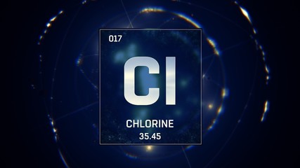 3D illustration of Chlorine as Element 17 of the Periodic Table. Blue illuminated atom design background with orbiting electrons. Design shows name, atomic weight and element number