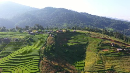 Wall Mural - Aerial view morning scene of Pa Bong Piang paddy terraced rice fields with farm huts, Mae Chaem, Chiang Mai Thailand