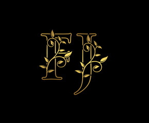 Golden letter F and J, FJ vintage decorative ornament emblem badge, overlapping monogram logo, elegant luxury gold color on black background.