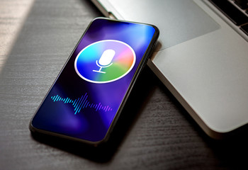 Wall Mural - personal voice assistant siri concept, deep learning sound recognition application on mobile phone s