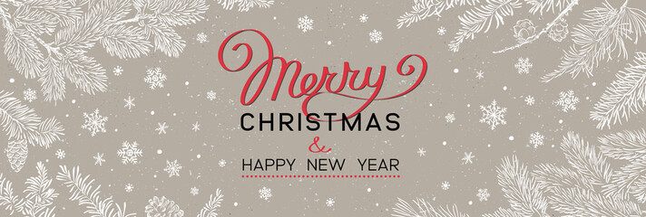 Wall Mural - Christmas banner with branches of christmas tree on brown. Happy new year greeting.