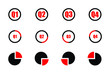 Quarterly icon set red and black showind first quarter second quarter third quarte and fourth quarter on three different designs isolated on white background