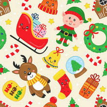 Seamless Pattern With Christmas Fairy Characters And Other Elements   - Vector Illustration, Eps    
