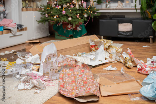 It Is Holy Night The Gifts Are Unpacked There Is A Mess Of Wrapping Paper And Boxes Throughout The Living Room Authentic Picture From Private Party Buy This Stock Photo And