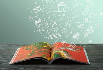 Wall Mural - open book on old wooden table.